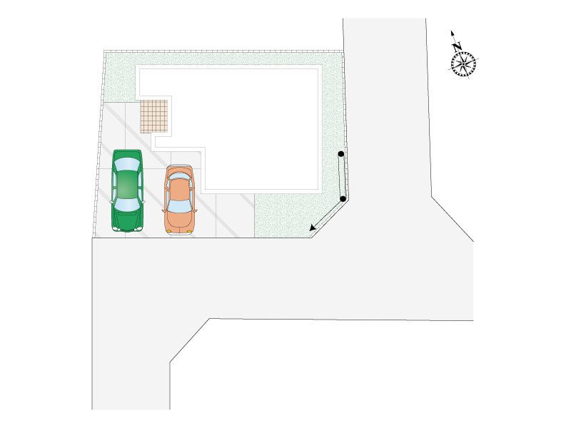 【区画図・駐車場配置図】敷地の前面と側面にゆとりがあり、日当たりや風通しに恵まれた良好な住環境。プライバシーを保ちながら、開放的で気持ちの良い暮らしを叶えます。