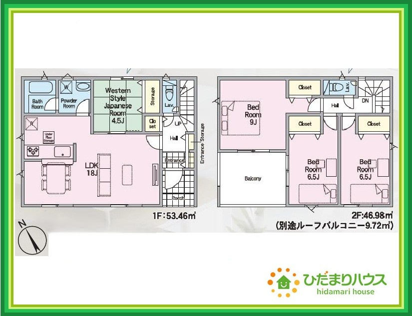 那珂市瓜連第15　新築戸建　2号棟の間取り|リビングには和室が隣接し、お子様の遊び場や家事スペースにも大活躍です☆