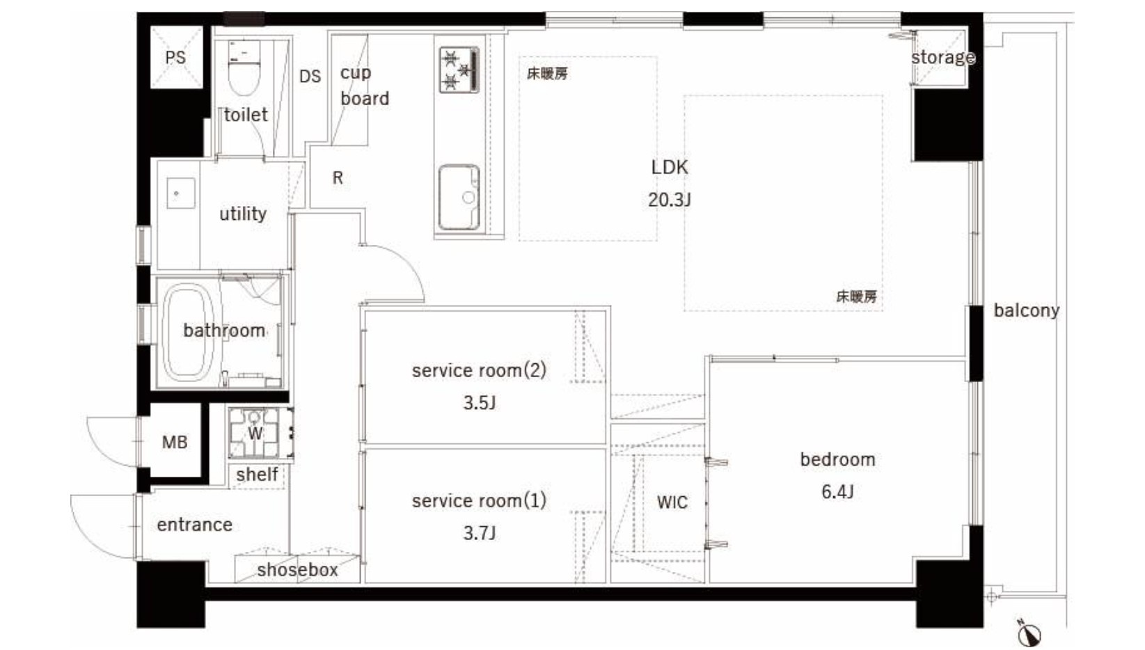 門前仲町サマリヤマンションの間取り|専有面積79.18㎡の1SSLDK。約20.3帖の広々としたLDKに、6.4帖の洋室と2つのサービスルームを配置。WICや床暖房など、快適性と収納力にも配慮された間取りです。