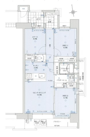 アルファステイツ高知駅前の間取り|上層階の東南角部屋。２ＬＤＫ＋Ｓのゆったりとした間取りです。