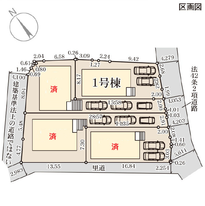 リーブルガーデン豊見城市豊見城・１号棟の区画図|区画図／接道状況：南東側4.05ｍ・南西側2.25ｍ他