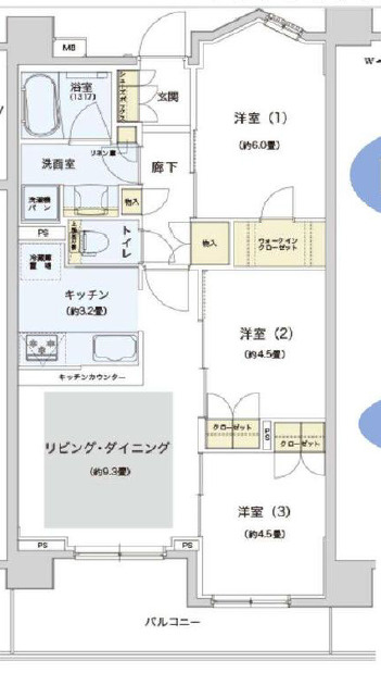 アンビシャス東岩槻の間取り|【3LDK＋WIC：61.83㎡】時間のない忙しい朝や雨の日もストレスを減らして、駅まで行くことができる！荷物が増えても各居室にクローゼット付きで安心です。南向きバルコニーで陽当たり良好◎

