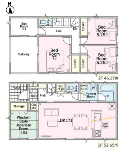 土浦市右籾第13　新築戸建て　1号棟の間取り|17帖LDKに和室が隣接するゆとりの4LDK！雨の日も快適な3帖サンルームや玄関土間収納など暮らしやすさが詰まった間取り。