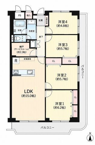 ゆとりある約15帖のLDKを中心に、洋室4部屋＋納戸を備えた使い勝手の良い間取り。収納スペースも豊富で、2面バルコニーが開放感を演出。ご家族それぞれの個室も確保できます。