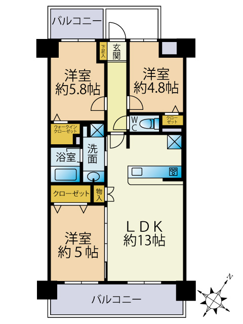 リーベスト春日桜ケ丘の間取り|3LDK、価格2680万円、専有面積67.36㎡、バルコニー面積12.90㎡ 、ポーチ面積3.75㎡
