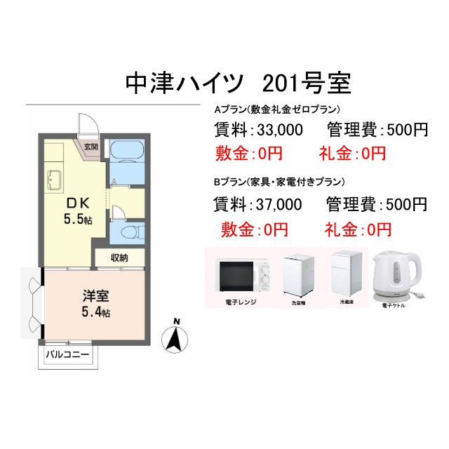 中津ハイツ家電プランの間取り|1DK