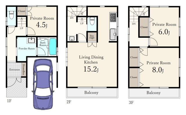 和光市下新倉4丁目の間取り|3LDK、土地面積59.7m2、建物面積95.51m2 、2面バルコニー、カースペース付