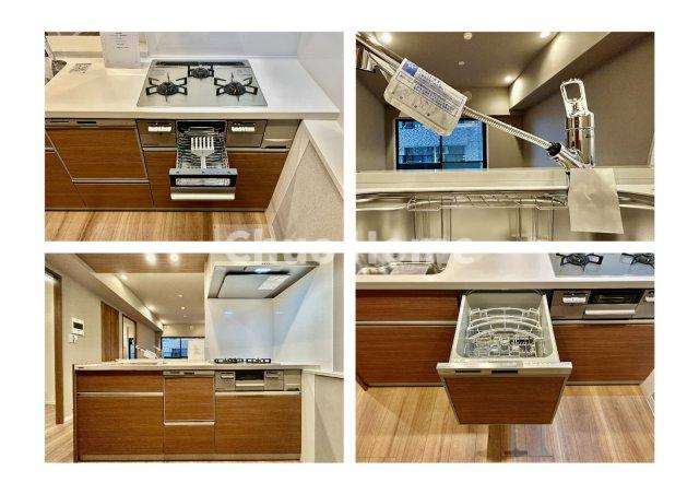 日暮里第2ダイヤモンドマンションのキッチン|【システムキッチン】ワイドで収納豊富な使い勝手の良いカウンターキッチンには、食洗器・伸縮タイプのキッチン水栓、三ツ口コンロ・魚焼きグリルなどの便利な設備が標準完備されています。