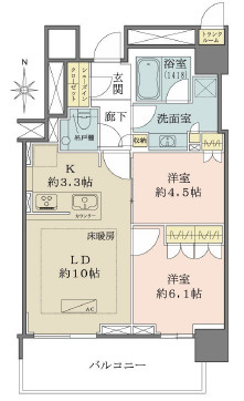 ■42階南向き　■2LDK　■専有面積：58.31㎡(17.63坪)(トランクルーム0.59㎡含む)　■バルコニー面積：9.87㎡(約2.98坪)