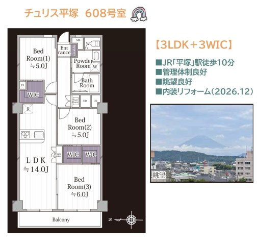 チュリス平塚の間取り|WICを3か所備えた収納充実のリノベマンション☆3LDKの間取り◎
衣類や季節物をたっぷり収納でき、居住空間をすっきり広々と使えますよ♪