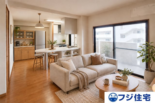 ジュネス岸和田フィオーレの居間・リビング|※バーチャルステージング画像（AI合成）です。合成された家具等は販売価格に含まれません。