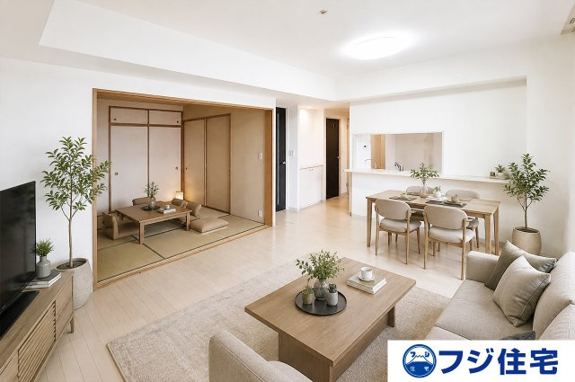 アクアパークCITY岸和田南4番館の居間・リビング|バーチャルステージング画像（AI合成）です。合成された家具等は販売価格に含まれません。