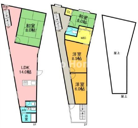 足立区千住河原町中古住宅の間取り|全室6帖以上の4LDK＋ウォークインクローゼット＋ルーフバルコニー