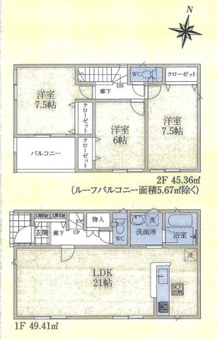 飯能市笠縫・全5棟　新築一戸建　1号棟の間取り|【全5棟・1号棟】LDK広々21帖、2階に3洋室、3LDKの間取りです。
