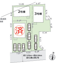 平塚市御殿１丁目　新築戸建　全３棟の区画図|対象地は2号棟です。