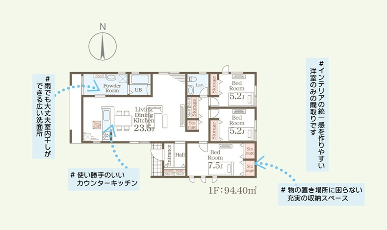 リーブルガーデン  城里町石塚　16期　6の間取り|　
☆収納スペース充実。天候に左右されず室内干しができるように洗面室を広くしました。プライバシーが守れるよう配慮された間取りなので、来客対応も安心です。