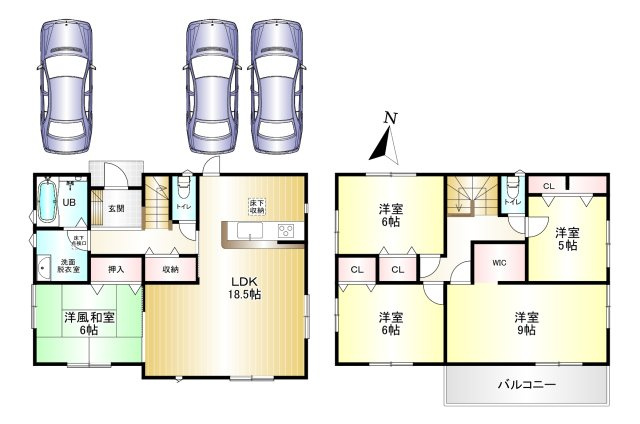 北葛城郡広陵町三吉元赤部方の間取り|5LDK　土地面積:195.71㎡　建物面積：117.58㎡　駐車スペース3台