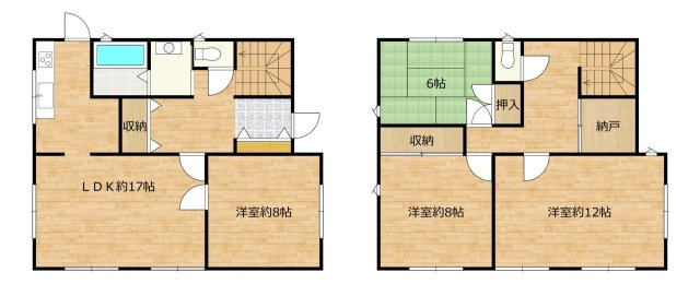 「4LDK＋納戸×駐車3台可」高知市朝倉己　中古一戸建ての間取り|全室6帖以上のゆとりある4SLDK広々17帖LDKと12帖の主寝室！大家族でものびのび暮らせます♪