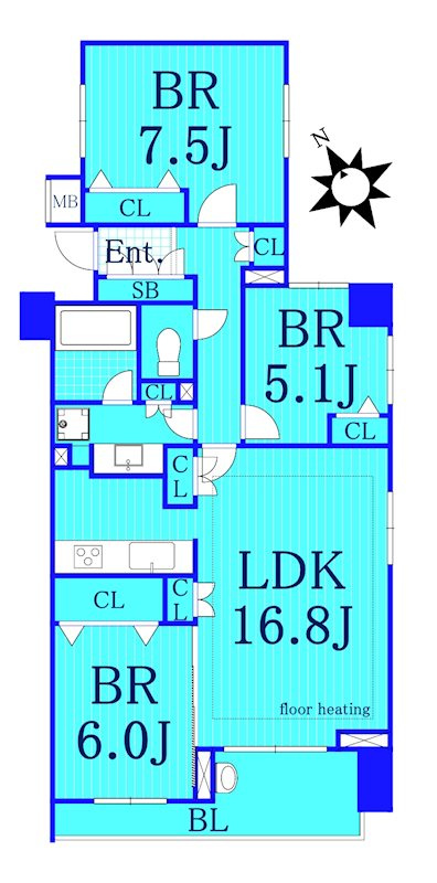 コートヒルズ横濱山手の間取り|3LDKタイプの使いやすい間取りです。