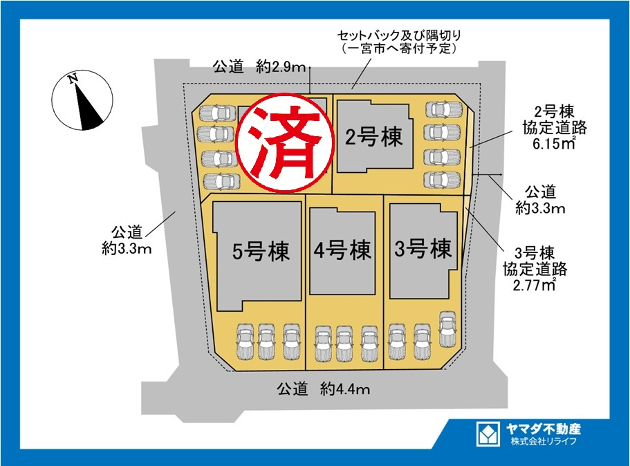 ブルーミングガーデン　一宮市浅井町東浅井　全5区画分譲の区画図|■区画図
■YAMADA電機の　ヤマダ不動産　株式会社リライフ　
いつでもお問合わせ下さい。