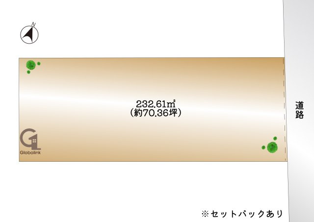【土地図】 | 敷地面積70.36坪（232.61平米）の美しい整形地イメージ図です！道路接道面や全体のレイアウトが見易く、陽当りや風通しを考慮した自由な間取り設計が存分に楽しめます♪