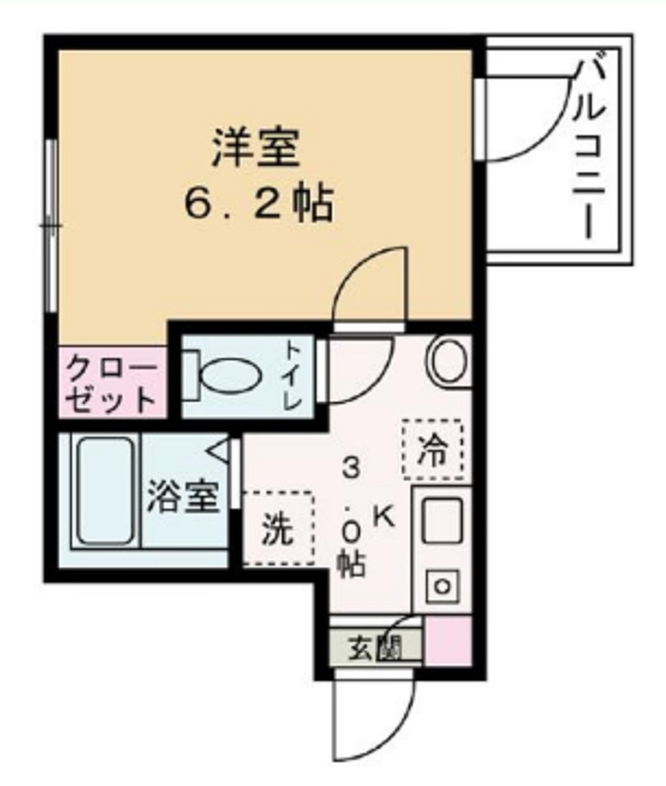 グランステージ京急蒲田@仲介手数料無料の間取り|間取り　1K洋室6.2帖バストイレ別独立洗面台