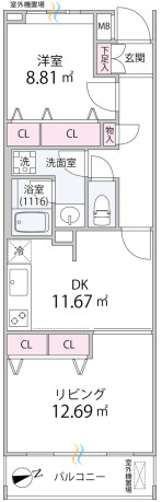 ル・クールの間取り|東向きバルコニー収納豊富な1LDK
ダイニングとリビングを分けて利用可能な間取り！