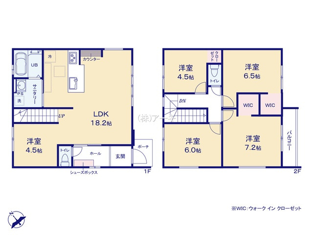 刈谷市泉田町北中浜51番11『仲介手数料無料』新築一戸建て・建売の間取り|　3号棟　1F:LDK18.2帖に隣接する洋室4.5帖！スタディーカウンター♪リビングイン階段♪2F:主寝室7.2帖・洋室6.5帖　WIC設置！洋室4.5帖　CL設置♪洋室6帖♪バルコニー♪
