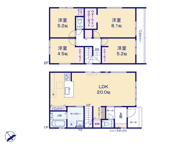 刈谷市泉田町北中浜51番12番『仲介手数料無料』新築一戸建て・建売の間取り|　4号棟　1F:LDK20帖！パントリー♪スタディーカウンター♪収納♪ゆとりの洗面室♪2F:主寝室8.1帖　WIC設置！洋室5.2帖・洋室5.2帖・洋室4.5帖　CL設置♪廊下収納♪バルコニー♪