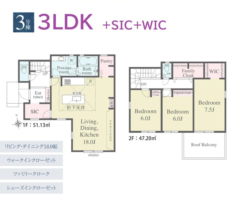平塚市入野01期　全3棟　3号棟の間取り|SIC・パントリー・WIC・ファミリークロークと豊富です！　
全居室南側採光です♪
