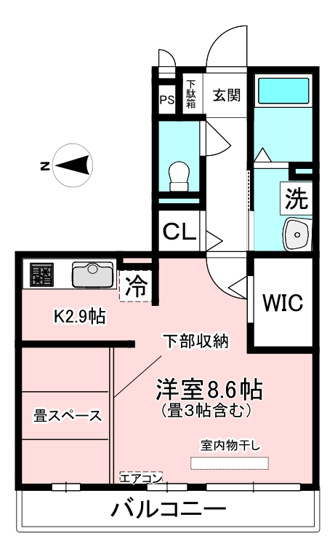 【間取り】 | Mutti/ムッティ | キッチン2.9帖・洋室8.6帖の1Kタイプのお部屋です☆はじめての一人暮らしにもぴったり♪なんと言っても角部屋・最上階なのが嬉しい♪