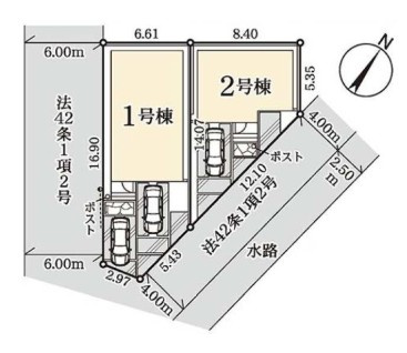 八潮市二丁目　新築戸建　全2棟　1号棟の区画図|南西南東角地・南東道路につき開放的な立地です