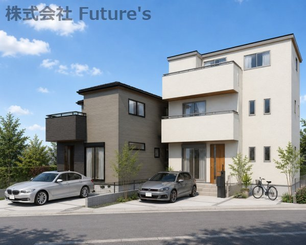 八潮市二丁目　新築戸建　全2棟　1号棟の外観パース|完成予想図にCGによる画像処理を行っています。実際とは多少異なる場合がございます。
