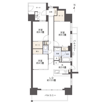 サーパスシティ土居田グランゲートの間取り|3LDKの角住戸で、全居室に収納があるほか、2か所のウォークインクロゼットが備わった間取りです。