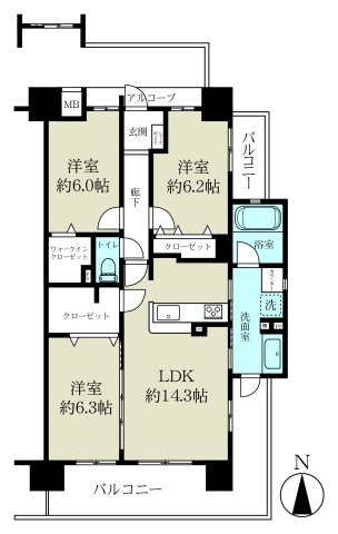 アルファスマート西和田の間取り|3LDK（79.43㎡）東南北の三方角住戸です。リビング隣の洋室を引戸で大きなリビングに利用可能です。
