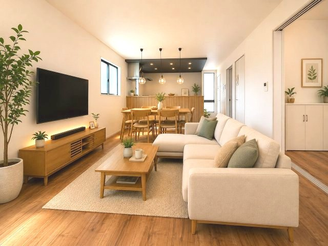 【居間・リビング】 | 福岡市南区大池1丁目１期　3号棟（全3棟）【仲介手数料無料・0円】 | 施工例。施工例は完成時と異なる場合があります。