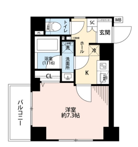 プレール・ドゥーク南六郷の間取り|西向きバルコニー南西角部屋の1K　洋室7.3帖バストイレ別独立洗面台！！