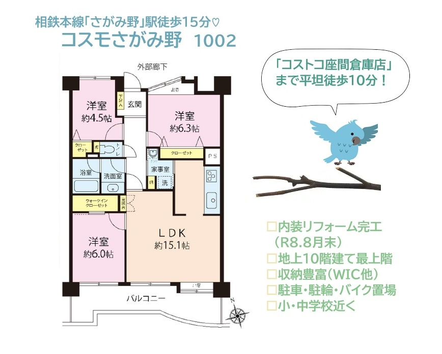 コスモさがみ野の間取り|気持ちよい新生活がお迎えできる新規リノベマンション（Ｒ8.8月末）
より良い眺望が望める地上１０階建て最上階！
日勤で管理体制も良好ですよ♪