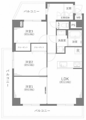 蕨セントラルハイツの間取り|専有面積66.68㎡のゆとりある3LDK間取り。各居室に独立性と使い勝手の良さを備えた機能的な動線設計です。広々としたバルコニー面積20.87㎡も魅力的なポイントです。
