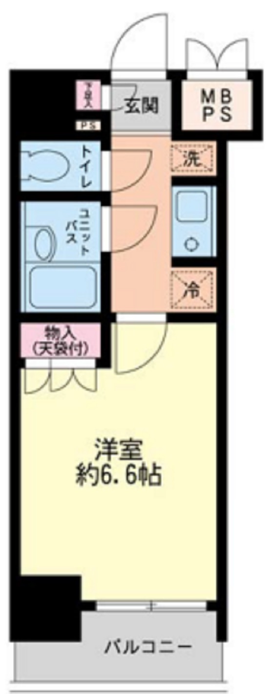 メインステージ大森東の間取り|北西向きバルコニー角部屋の1K洋室6.6帖バストイレ別