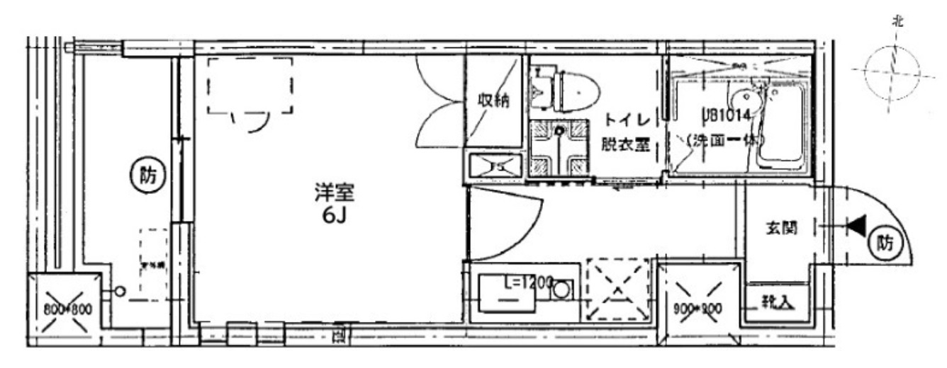 リエス大森ル・ノードの間取り|西向きバルコニー北西角部屋2面採光の1K洋室6帖バストイレ別！