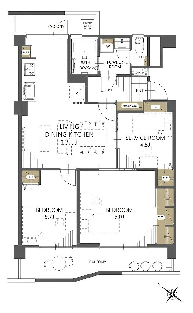 キャッスルメジェール川越の間取り|2LDKS 専有面積70.99m2 バルコニー面積12.45m2