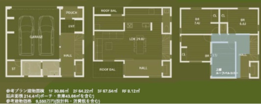 世田谷区等々力　建築条件付売地の参考プラン|LDK約30帖の4LDK参考プラン有　延床：214.40㎡　建物参考価格：9550万円