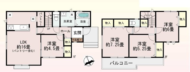 新築　高崎市浜尻町　Heartful　Town　A号棟の間取り|建物面積96.46㎡　全居室南向き♪パントリー・各部屋収納付きで便利です！二部屋分のバルコニーはお洗濯物が沢山干せます◎
						
