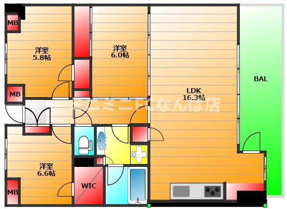 本町パークホームズCITYWESTの間取り|73.91㎡　バルコニー11.02㎡　現状有姿　