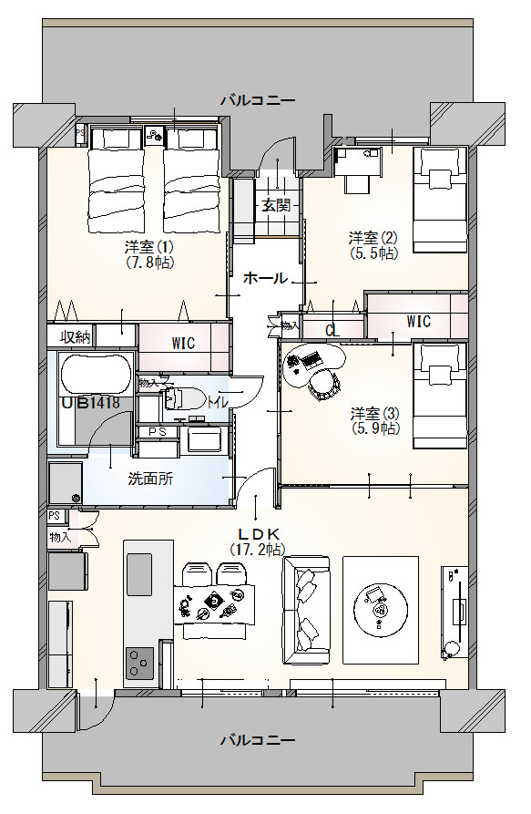 アストラル千里古江台の間取り|広々80㎡3LDK。ウォークインクロゼット×2、物件地下に専用トランクルームもあり収納充実です。