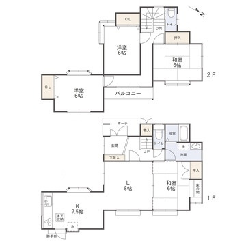 落合南7丁目　一戸建ての間取り|ダイニングキッチン－リビング－和室が繋がり開放的。居室は独立性があり家族のプライバシーも保てます