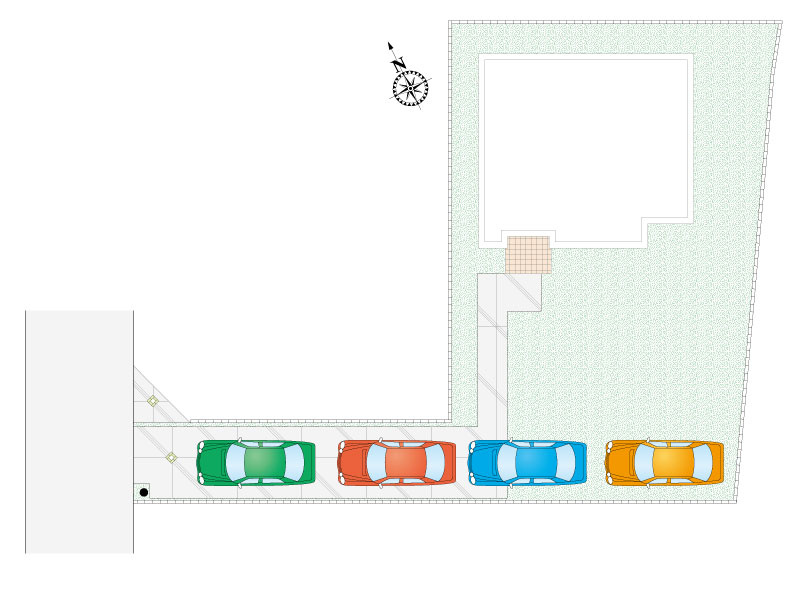 行田市桜町2丁目７区画　５号棟　配置図　車４台駐車可能　※敷地内に電柱（スッキリポール）あり。また6号地との共有地あり