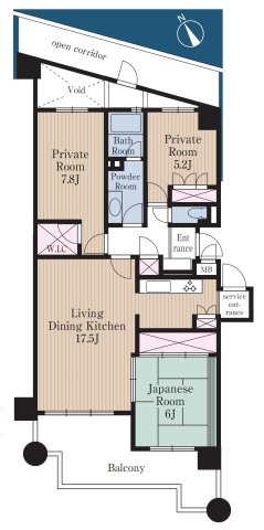 エステ・スクエア武蔵藤沢の間取り|12階建て8階部分、明るい陽光が差し込む南向き3LDKの間取りです。