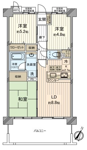 ライオンズガーデン航空公園の間取り|下階が気にならない1階住戸、3LDKの間取りです。